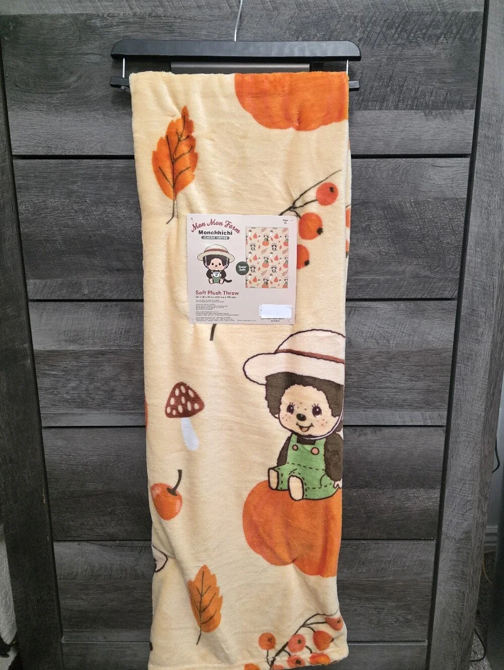 Monchhichi Soft Plush Fall Throw Blanket Fall Leaves Pumpkin Brand New